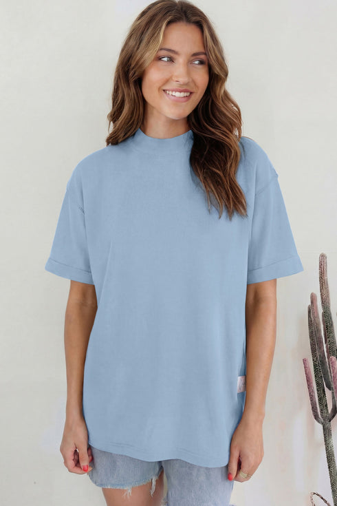 Minimalist Solid Mock Neck Cotton Stretch Tee