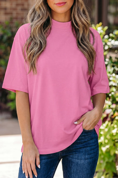 Minimalist Solid Mock Neck Cotton Stretch Tee