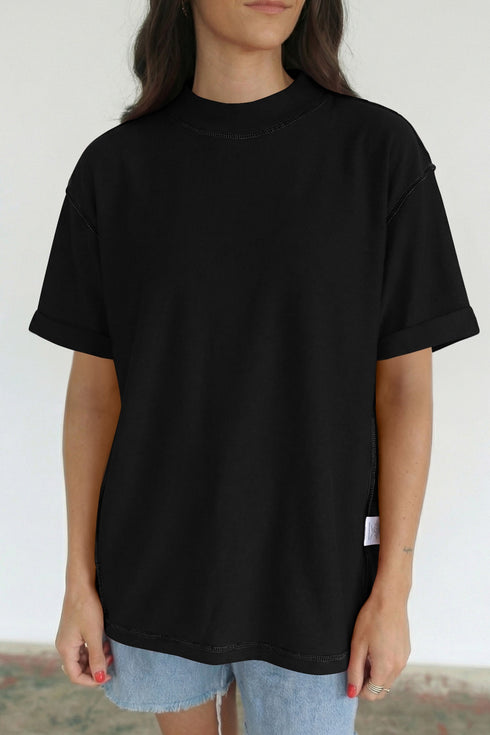 Minimalist Solid Mock Neck Cotton Stretch Tee