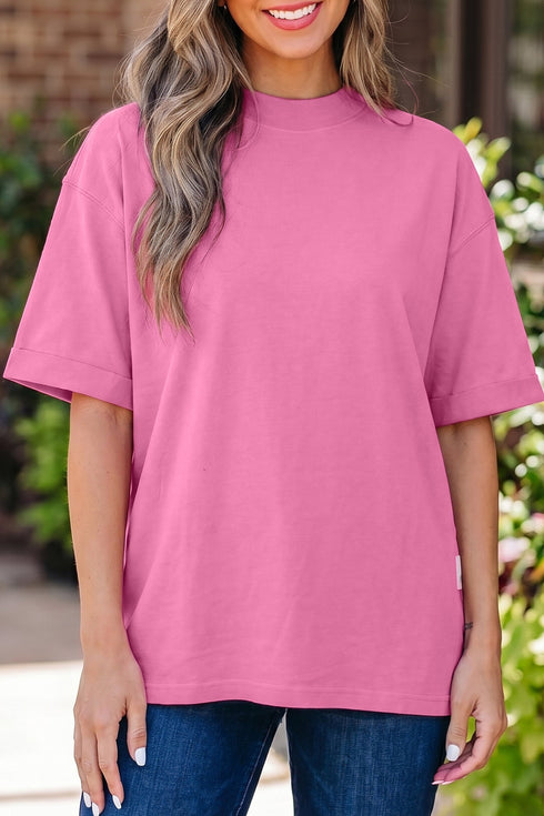 Minimalist Solid Mock Neck Cotton Stretch Tee
