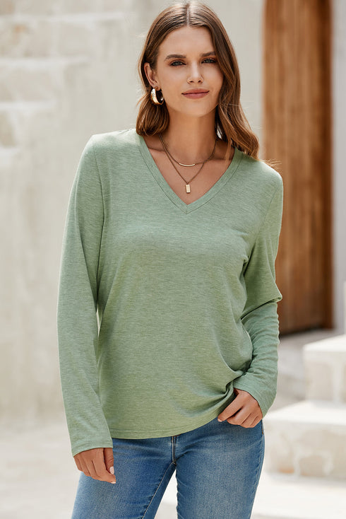 Minimalist Stretch V Neck Casual Long Sleeve Top