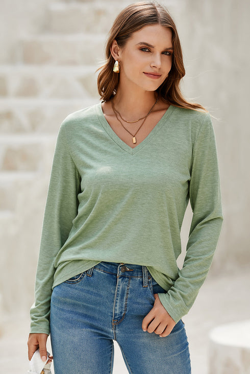 Minimalist Stretch V Neck Casual Long Sleeve Top