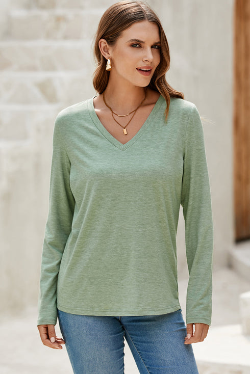 Minimalist Stretch V Neck Casual Long Sleeve Top