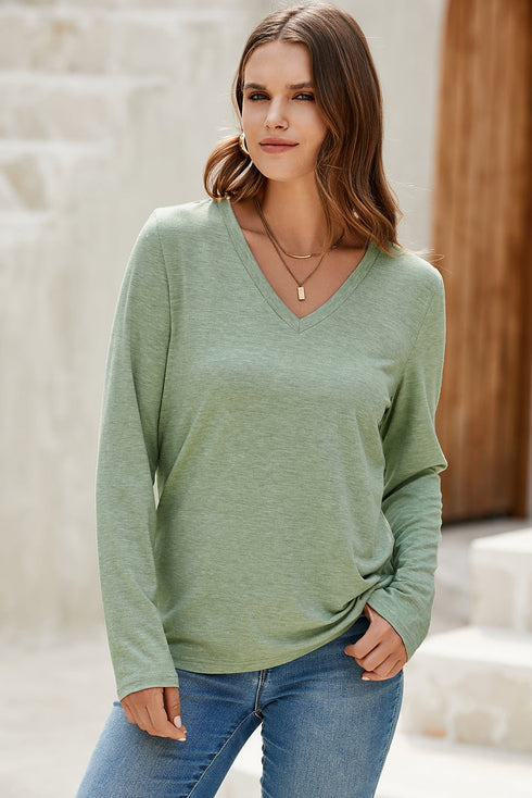 Minimalist Stretch V Neck Casual Long Sleeve Top