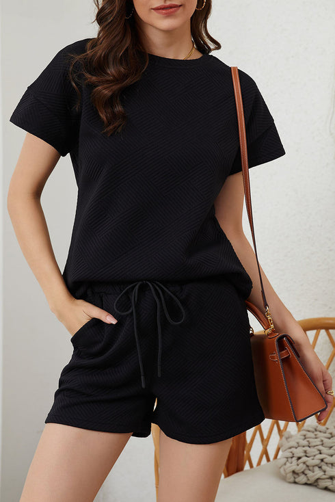 Minimalist Textured Drawstring Two Piece Short Sets