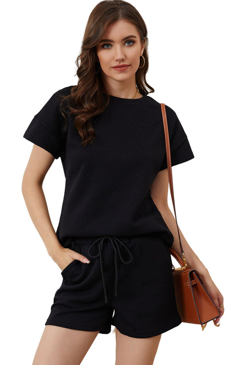 Minimalist Textured Drawstring Two Piece Short Sets