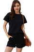 Minimalist Textured Drawstring Two Piece Short Sets