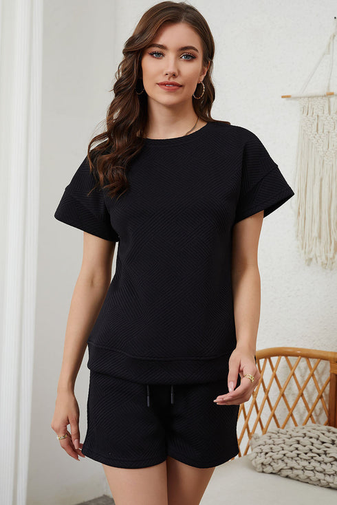 Minimalist Textured Drawstring Two Piece Short Sets