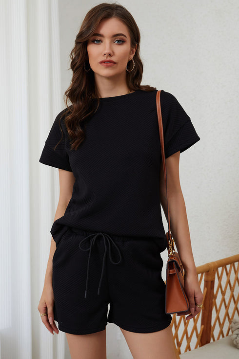 Minimalist Textured Drawstring Two Piece Short Sets