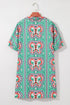Mint Green Geometric Butterfly Print Split Neck Short Sleeve Dress