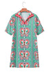 Mint Green Geometric Butterfly Print Split Neck Short Sleeve Dress