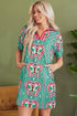 Mint Green Geometric Butterfly Print Split Neck Short Sleeve Dress
