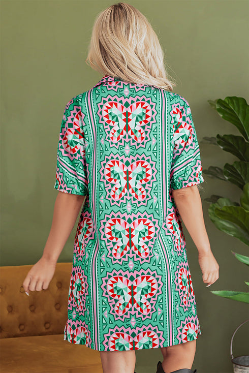 Mint Green Geometric Butterfly Print Split Neck Short Sleeve Dress
