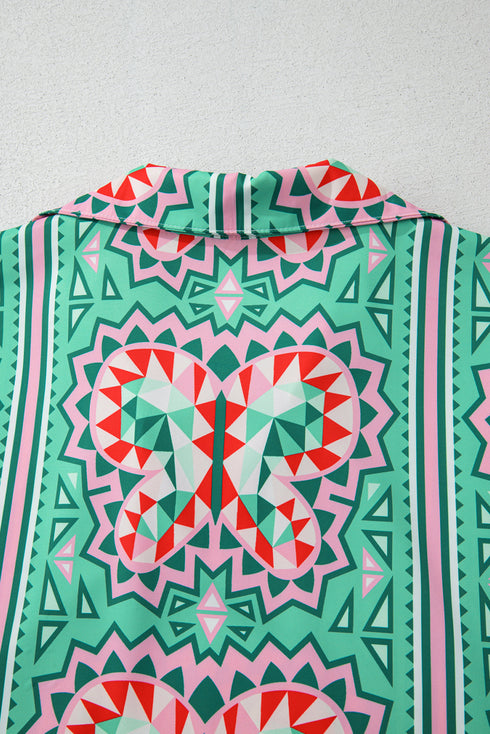 Mint Green Geometric Butterfly Print Split Neck Short Sleeve Dress