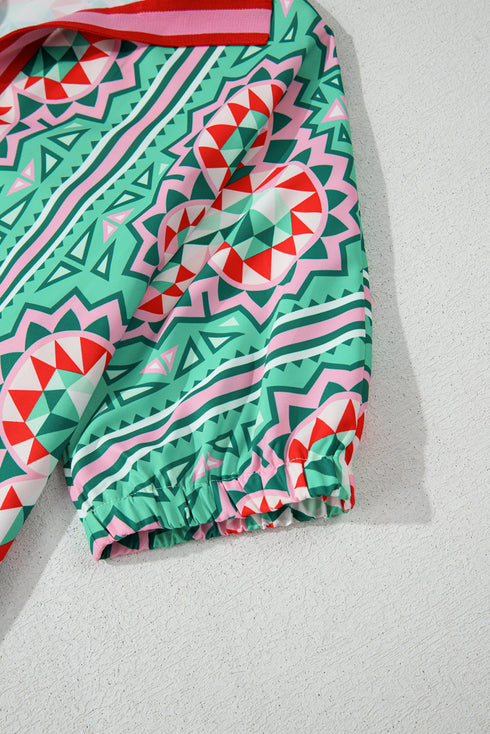 Mint Green Geometric Butterfly Print Split Neck Short Sleeve Dress