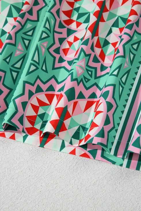 Mint Green Geometric Butterfly Print Split Neck Short Sleeve Dress