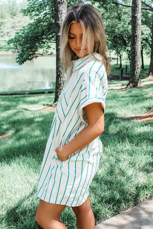 Mint Green St Patricks Striped Wide Short Sleeve Shift Mini Shirt Dress