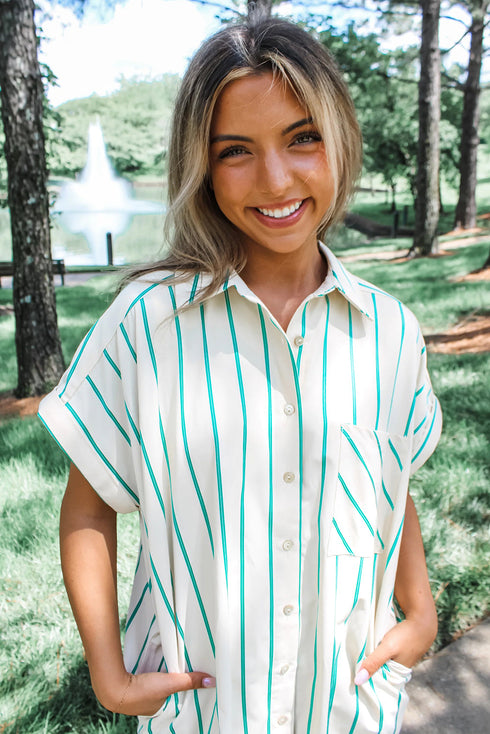 Mint Green St Patricks Striped Wide Short Sleeve Shift Mini Shirt Dress