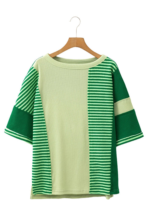 Mint Green Striped Patchwork Textured Colorblock 3/4 Sleeve Knit Top