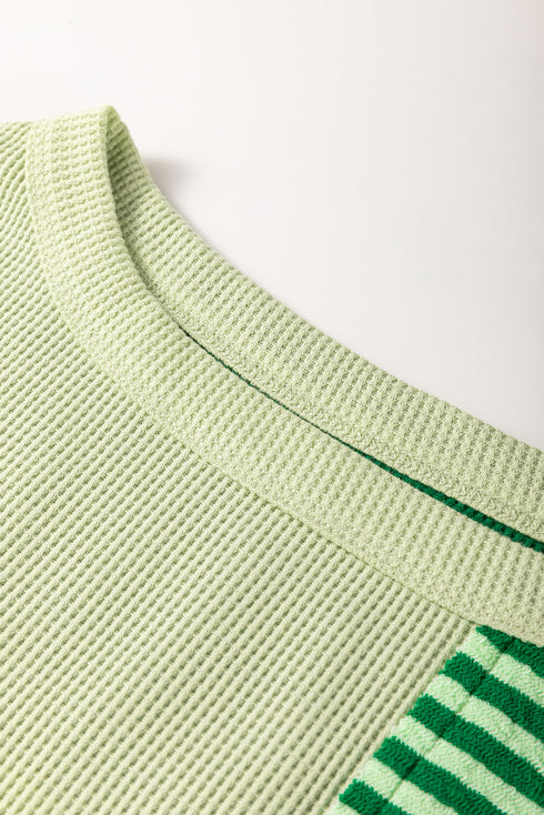 Mint Green Striped Patchwork Textured Colorblock 3/4 Sleeve Knit Top