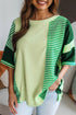 Mint Green Striped Patchwork Textured Colorblock 3/4 Sleeve Knit Top