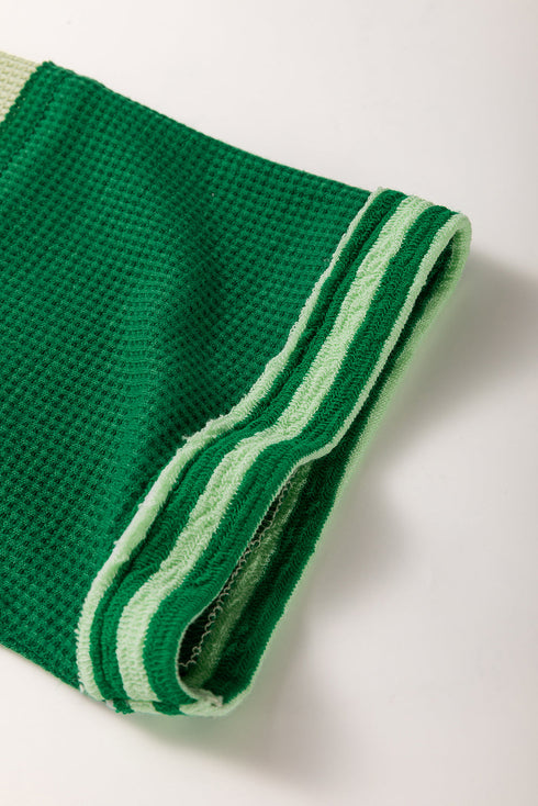 Mint Green Striped Patchwork Textured Colorblock 3/4 Sleeve Knit Top