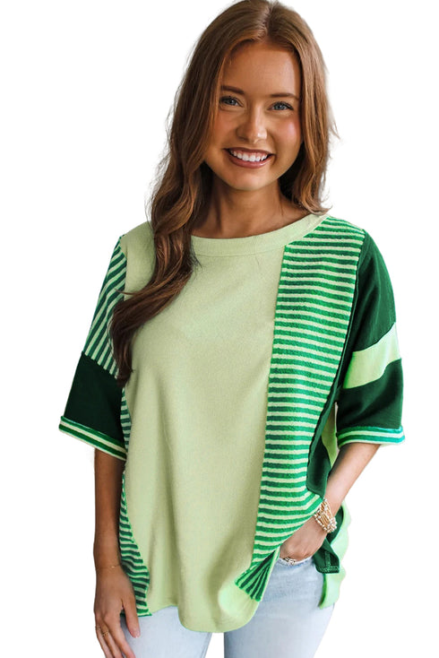 Mint Green Striped Patchwork Textured Colorblock 3/4 Sleeve Knit Top