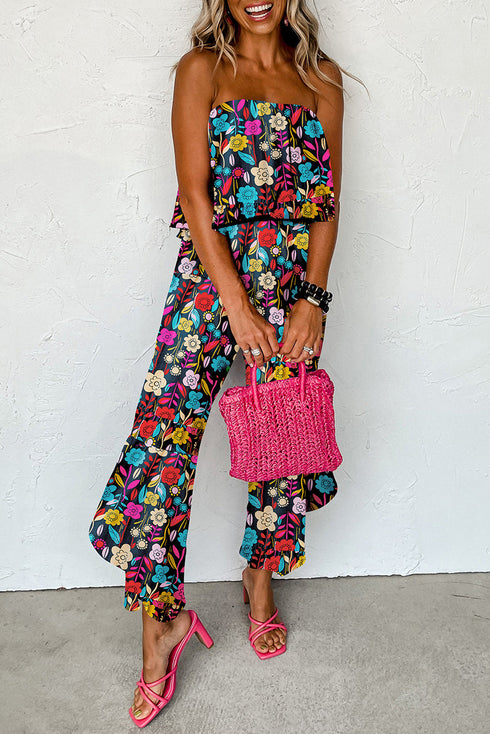 Mix Tropical Print Strapless Ruffled Jumpsuit