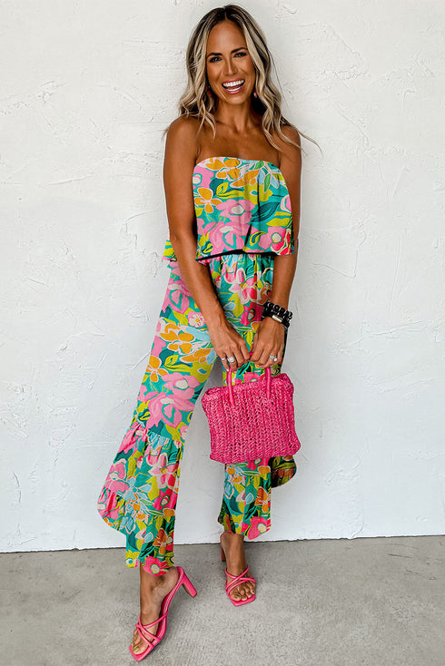 Mix Tropical Print Strapless Ruffled Jumpsuit
