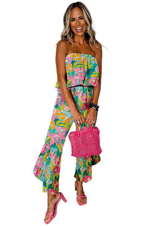 Mix Tropical Print Strapless Ruffled Jumpsuit