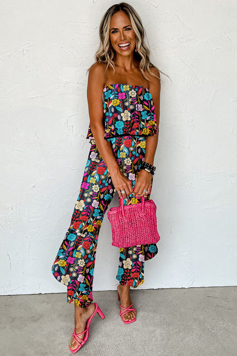 Mix Tropical Print Strapless Ruffled Jumpsuit