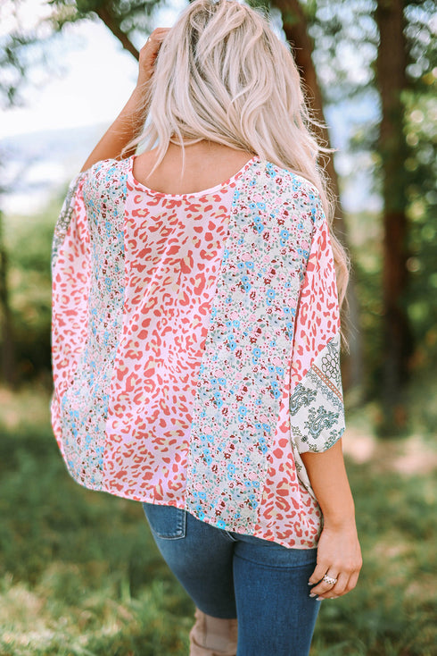 Mixed Animal Floral Print Cape Handkerchief Hem Top