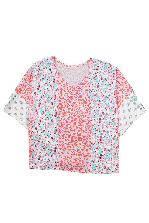 Mixed Animal Floral Print Cape Handkerchief Hem Top