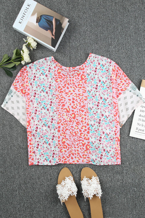 Mixed Animal Floral Print Cape Handkerchief Hem Top