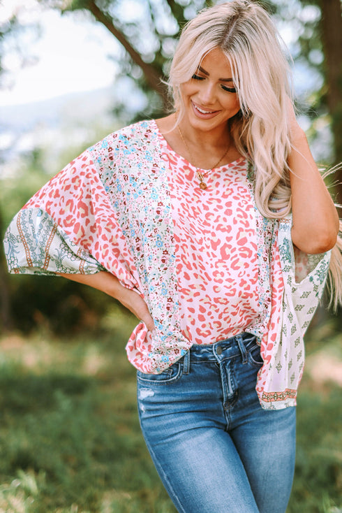Mixed Animal Floral Print Cape Handkerchief Hem Top