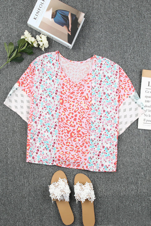 Mixed Animal Floral Print Cape Handkerchief Hem Top