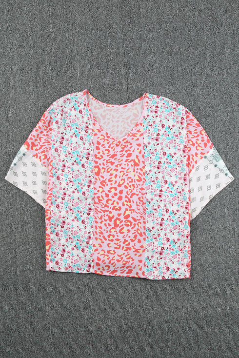 Mixed Animal Floral Print Cape Handkerchief Hem Top