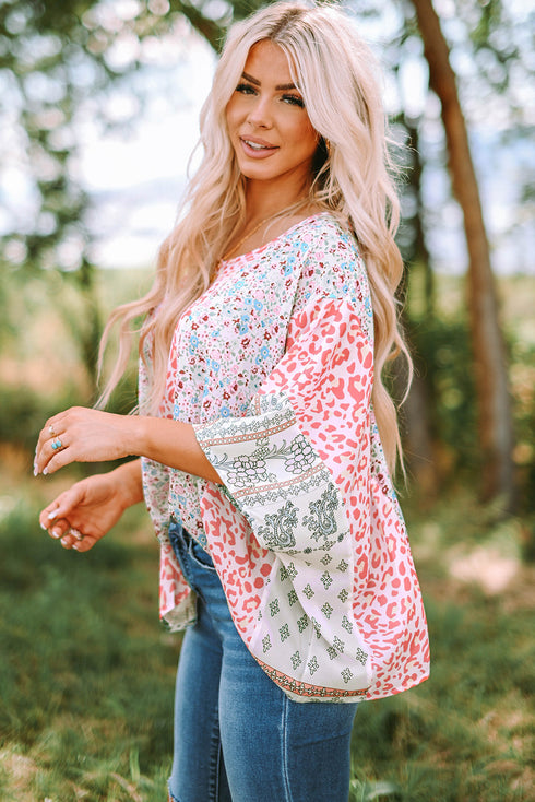 Mixed Animal Floral Print Cape Handkerchief Hem Top