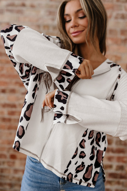 Mixed Animal Print Waffle Knit Zip Up Hoodie