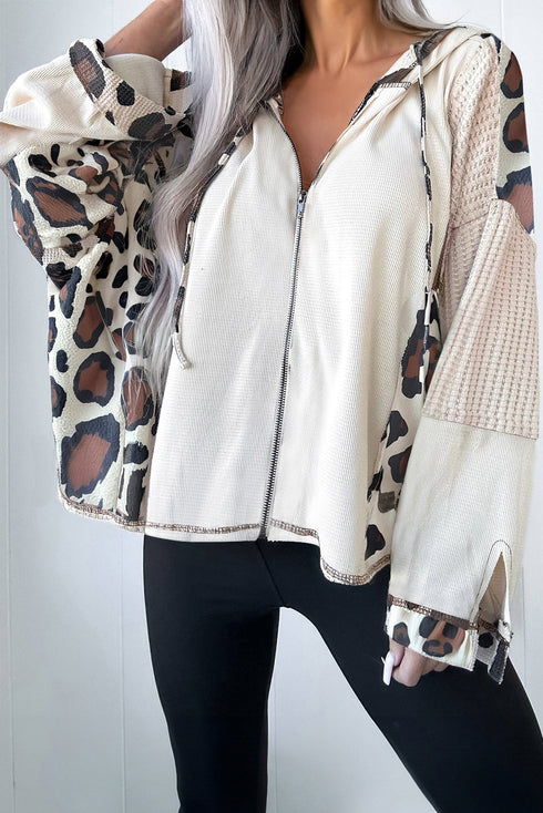 Mixed Animal Print Waffle Knit Zip Up Hoodie