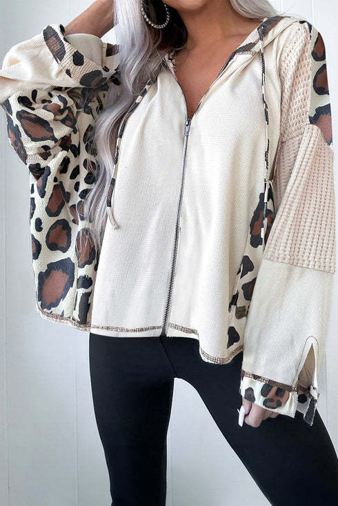Mixed Animal Print Waffle Knit Zip Up Hoodie