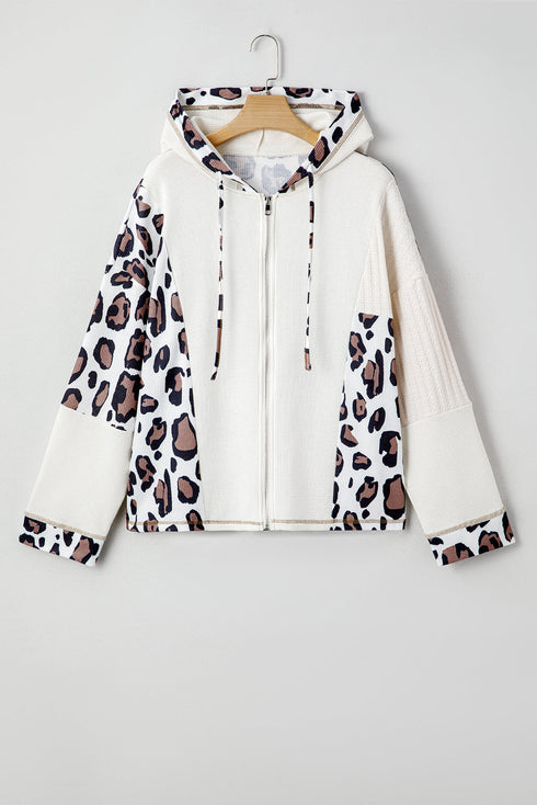 Mixed Animal Print Waffle Knit Zip Up Hoodie