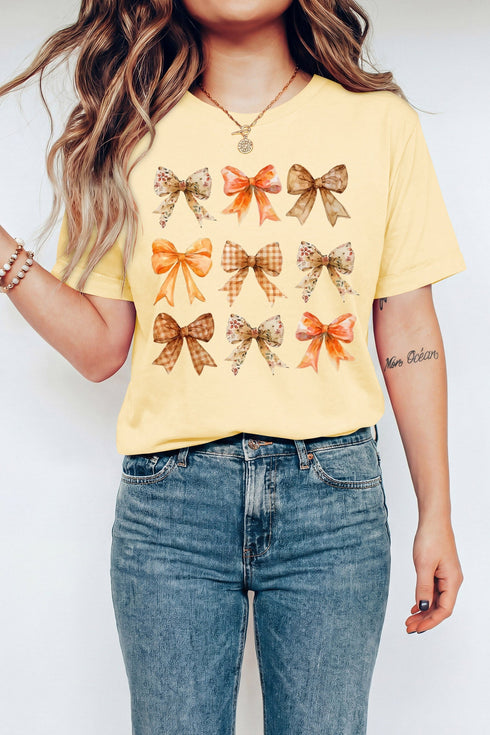 Mixed Bow Pattern Round Neck Playful Casual Graphic Tee