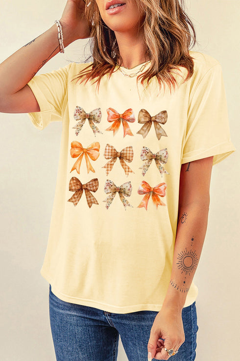Mixed Bow Pattern Round Neck Playful Casual Graphic Tee