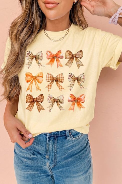 Mixed Bow Pattern Round Neck Playful Casual Graphic Tee
