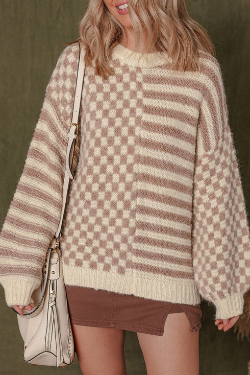 Mixed Checkerboard And Stripe Brushed Knit Sweater