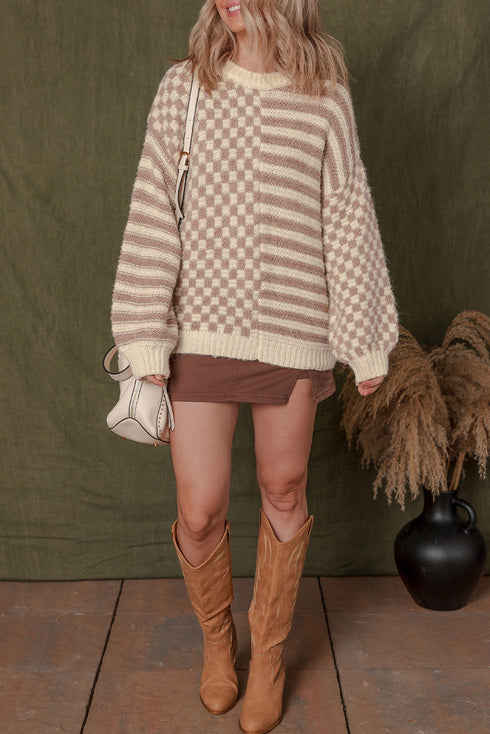 Mixed Checkerboard And Stripe Brushed Knit Sweater