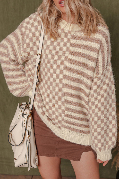 Mixed Checkerboard And Stripe Brushed Knit Sweater