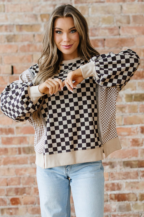 Mixed Checkered Patchwork High Low Long Sleeve Top
