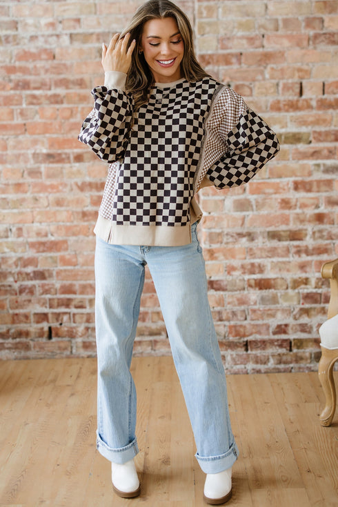Mixed Checkered Patchwork High Low Long Sleeve Top